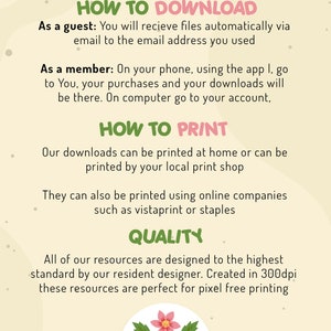 以下が含まれることがあります： 緑とピンクのグラフィックで、「How to Download」と「How to Print」のテキストが緑色で表示されています。「As a guest」と「As a member」のテキストはピンク色です。「Quality」のテキストは緑色です。「All of our resources are designed to the highest standard by our resident designer. Created in 300dpi these resources are perfect for pixel free printing」のテキストは黒色です。「Homestead Hippie」のテキストは緑色で、「www.homesteadhippie.com」のテキストは黒色です。