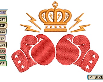 May include: Red boxing gloves with white stars, a gold crown with lightning bolts above them.  4 SIZE