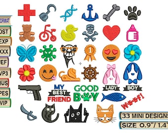 Mini iconos para cuello pequeño juego de bordado de máquina 33 Archivo de diseño
