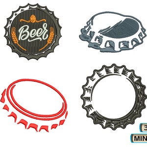 May include: Three embroidery designs of a bottle cap. The first design is a black bottle cap with the word "Beer" in orange lettering and wheat stalks on either side. The second design is a gray bottle cap. The third design is a black and white bottle cap.