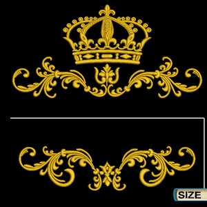 May include: Gold embroidery design featuring a crown with ornate details and a decorative scrollwork border. The design is 9.8 inches wide.
