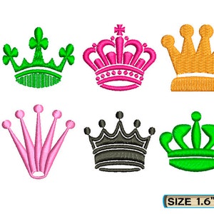May include: Six different embroidery designs of crowns in various colors, including green, pink, orange, black, and a combination of green and black. The designs are 1.6 inches by 1.6 inches.