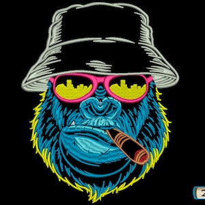 May include: A blue and yellow gorilla wearing a black and white bucket hat and pink sunglasses, holding a brown cigar in its mouth.