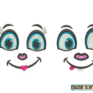 May include: Two embroidered cartoon faces with blue eyes, black eyelashes, and smiling mouths. One has a pink heart, the other a tongue and two teeth. The size is 3.9" x 3.8". Formats include DST, EXP, XXX, JEF, VP3, HUS, PES, and VIP.