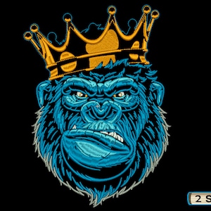 May include: A blue gorilla wearing a gold crown. The gorilla has a serious expression and is looking directly at the viewer. The crown has a yellow and gold design.
