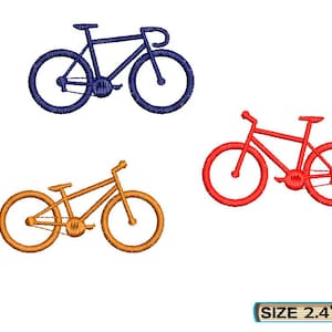 May include: Three embroidery designs of bicycles in different colors: blue, red, and orange. Each design is 2.4 inches by 1.4 inches.