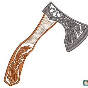 May include: Embroidered design of a silver axe with intricate patterns and a brown handle. The axe head features a bird design and the handle has a knotwork pattern. The design is available in three sizes.