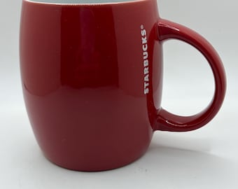 Taza Starbucks roja con forma de barril, texto vertical blanco, 414 ml (14 oz)