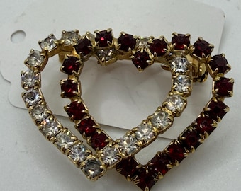 Conjunto de broches de corazón dobles con diamantes de imitación de cristal rojo y transparente de estilo vintage