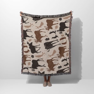 Boho Moose Woven Blanket | Nature Blanket | Cotton Woven Blanket | Usa Made Blanket | Wall Tapestry | Woven Blanket