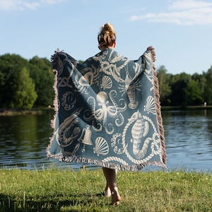 Vintage Teal Nautical Woven Blanket | Cotton Woven Blanket | Usa Made Blanket | Wall Tapestry | Woven Blanket