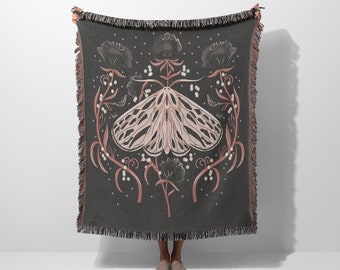 Black Floral Moth Woven Blanket | Astrology Blanket | Cotton Woven Blanket | Usa Made Blanket | Wall Tapestry | Woven Blanket