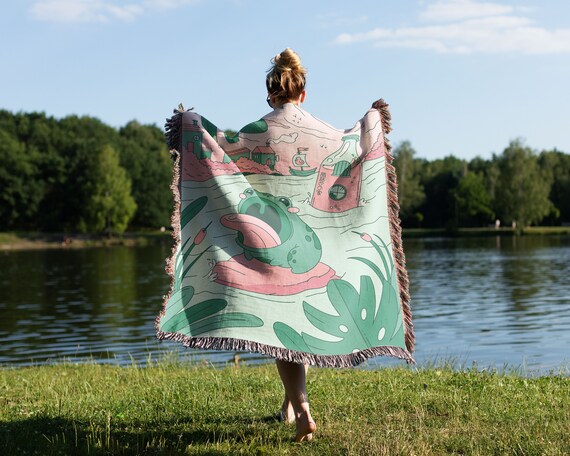 Kawaii Frog Mushroom Blanket | Frog Blanket | Woven Blanket | Woven Tapestry | Woven Throw Blanket