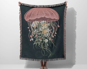 Floral Jellyfish Woven Blanket | Housewarming Blanket | Woven Blanket | Cotton Blanket | Fringe Tapestry Blanket | Jacquard Throw