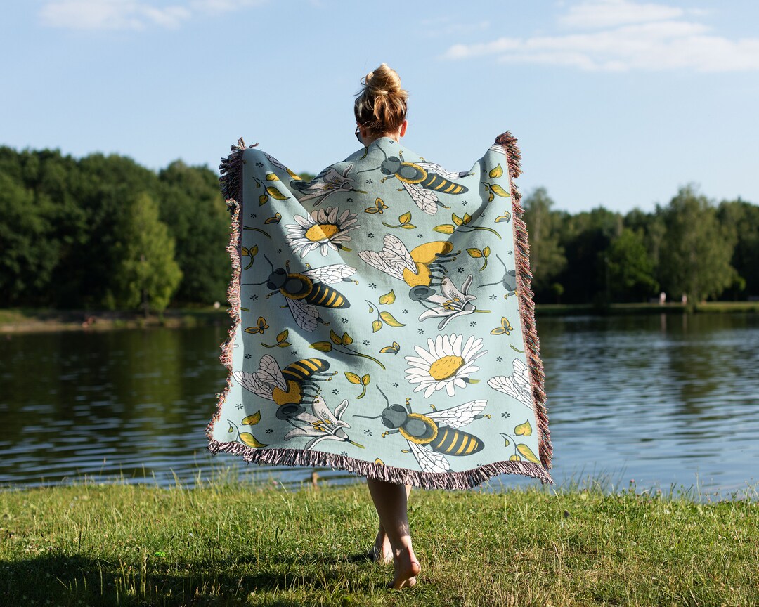 Bees Woven Blanket Floral Woven Blanket Cotton Woven Etsy