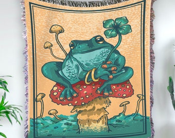 Frog On Mushroom Woven Blanket | Frog Woven Throw | Frog Blanket | Mushroom Blanket | Woven Throw Blanket | 1