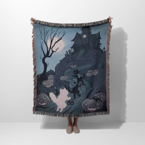 Halloween Cats Woven Blanket | Ghost Blanket | Cotton Woven Blanket | Usa Made Blanket | Wall Tapestry | Woven Blanket