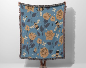 Honeybee Floral Woven Blanket | 100% Cotton Blanket | Woven Blanket | Woven Tapestry | Woven Throw Blanket