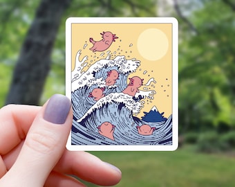 Axolotl Riding Big Wave Sticker | Japanese | Vinyl Sticker | Laptop Sticker | Water Bottle Sticker | Waterproof