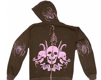 Brown Y2k Rhinestone Spider Skull Zip 