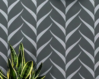 KIZIL Herringbone Wall Stencil, Bold Chevron Pattern, Leafy Decor