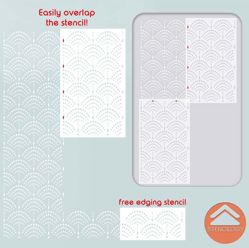 May include: A stencil with a repeating pattern of white circles and arches on a light blue background. The stencil is designed to be easily overlapped for creating a continuous pattern. The text "Easily overlap the stencil!" is at the top of the image. The text "free edging stencil" is at the bottom of the image. The text "STENCILOGY" is at the bottom right of the image.