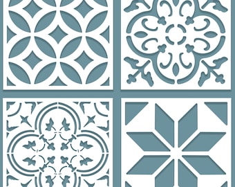 Mediterranean Tile Stencil Set for Painting, Reusable Floor and Wall Stencils, 4 Piece DIY Kit