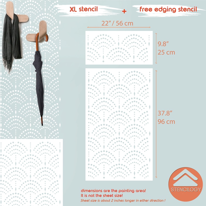May include: A stencil for painting a repeating pattern of white arches with small dots on a light blue background. The stencil is 37.8 inches tall and 9.8 inches wide. The stencil is labeled "XL stencil" and "free edging stencil".