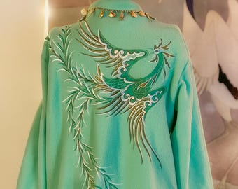 Vintage Bob Mackie Wearable Art Seafoam Green Fleece Robe with Phoenix embroidery