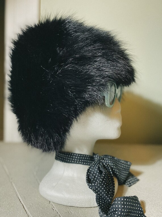 Vintage 1960s Black Faux Fur Tall Hat - image 2