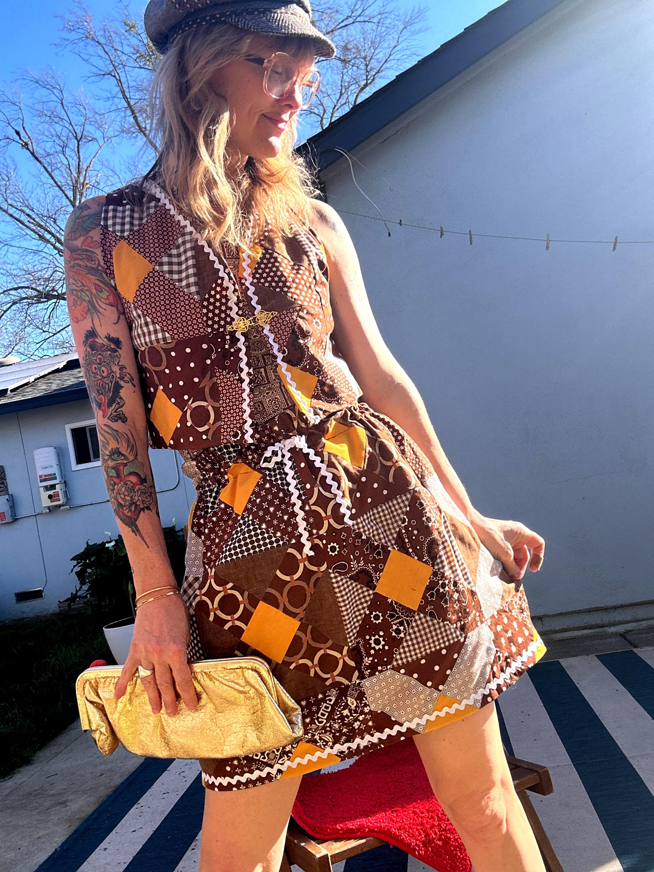 vintage patchwork print skirt 古着　70s 1970's Patchwork Maxi Skirt