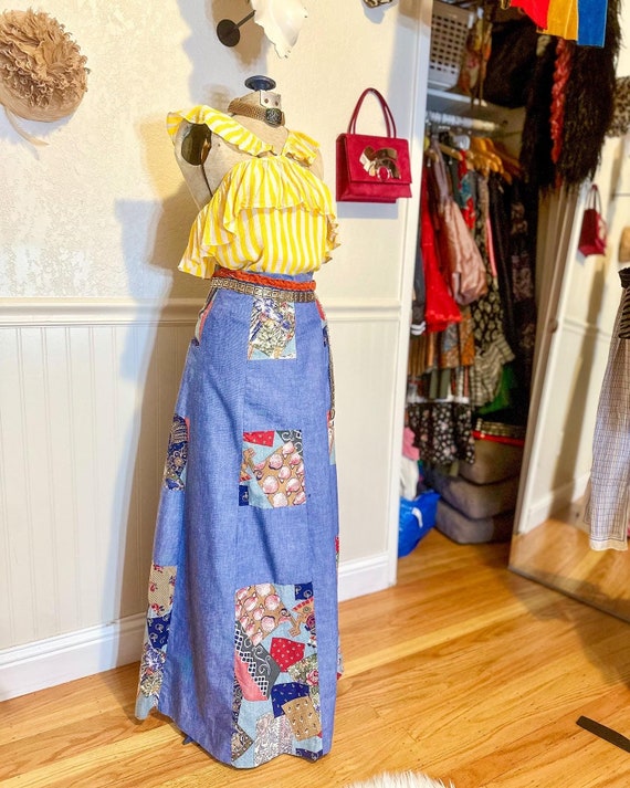 Vintage 1970s Patchwork Denim esc A-line Maxi Skirt