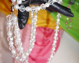 Vintage 1960s | Triple Strand | Rhinestone & Pearl | Beaded Choker