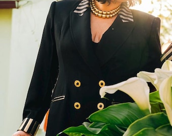 Vintage Criscione New York for Cache Blazer | 80s Glam Power Jacket | Gold Button Metallic Stripe Blazer