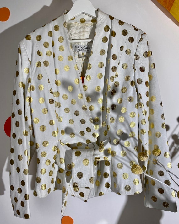 Vintage 1980s White Leather Jacket with Gold Polk… - image 8
