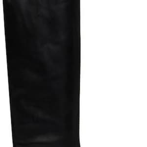 May include: A knee-high black leather boot with a smooth finish and a rounded toe. The boot features a structured shaft that extends to the knee and a sturdy, block-shaped heel. The design is sleek and uniform, showcasing a solid black color.