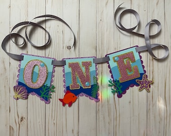 Mermaid Theme Custom ONE High Chair Birthday Banner