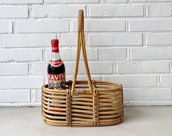 Drinks basket rattan, bottle basket vintage, drink holder rattan, braided bottle carrier bar accessories 60s