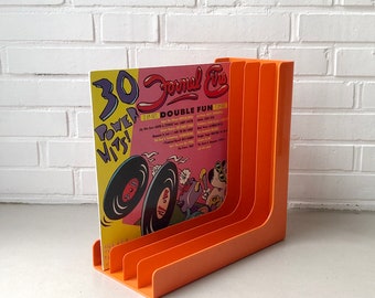 Vintage record stand, Gustavsberg (c), orange, LP angle, record shelf, 70s, vinyl, space age, record holder, Sweden