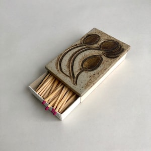 Matchbox with ceramic plate, vintage matches, decorative firewoods, 60s