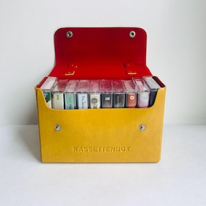 Vintage cassette box, 70s, leather look yellow, design GDR collector, cassette case, children&#39;s cassettes, storage Made in Germany