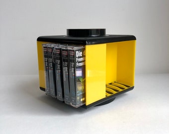 Vintage cassette cube, cassette roundel "Scona", 70s yellow, cassette storage, cassette carousel, children