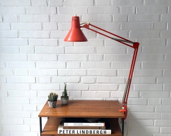70s architect lamp "TWIST T-1", red desk lamp, with original packaging, articulated lamp, industrial lamp