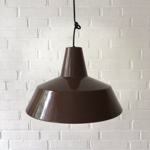 Vintage workshop light, industrial light Denmark, Louis Poulsen Arne Jacobsen style, pendant light brown metal