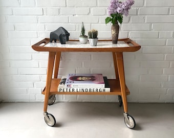 Vintage serving trolley opal, mid century bar trolley wood, 50s tea trolley, tray trolley