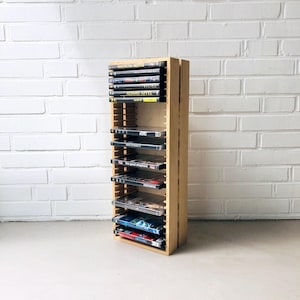 Vintage DVD shelf, DVD stand wood, vintage video storage