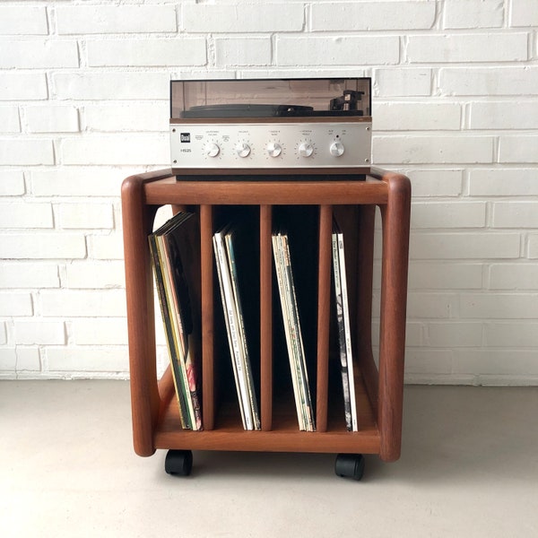 Vintage teak record cart, record stand, vinyl record shelf, 60s record stand, wood