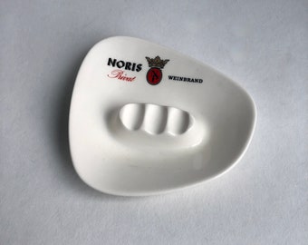 Vintage ceramic ashtray, white ashtray, "Noris Privat Weinbrand", 1960s