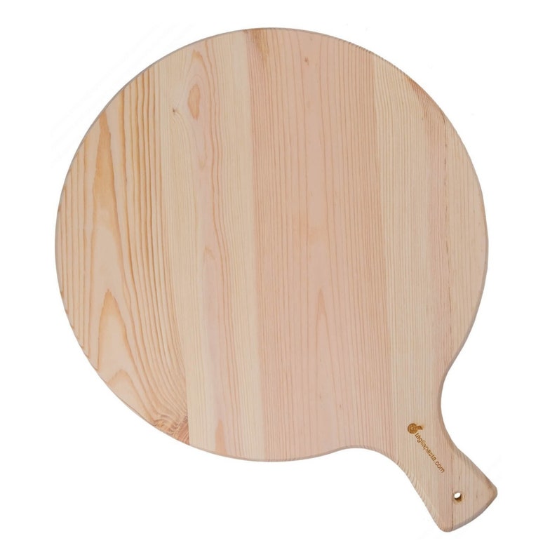 May include: A round, light-colored wooden pizza peel with a handle. The peel has a natural wood grain pattern and a small logo on the handle. The handle has a hole for hanging. The peel is designed for transferring pizzas.