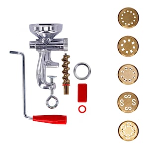 KIT: Small Dough press - Pasta Extruder + 5 Brass-dies - Spaghetti-Bucatini-Maccheroni-Caserecce-Chitarra| Made in Italy